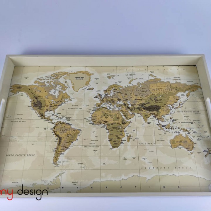 Cream rectangular lacquer tray with world map 28*45cm